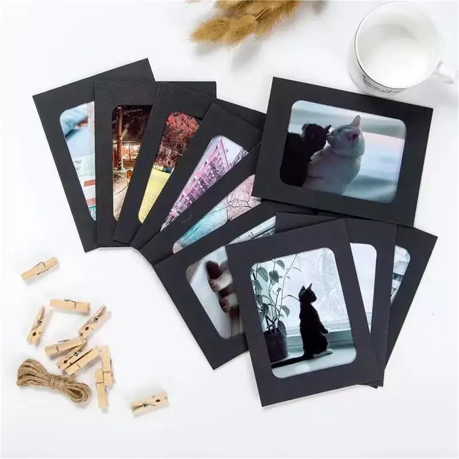 Gwyzax Paper Picture Frames 50 Pcs Combination Paper Frame With Clips DIY Kraft Picture Frames Hanging Wall Photos Album Home Decoration Craft(Black)