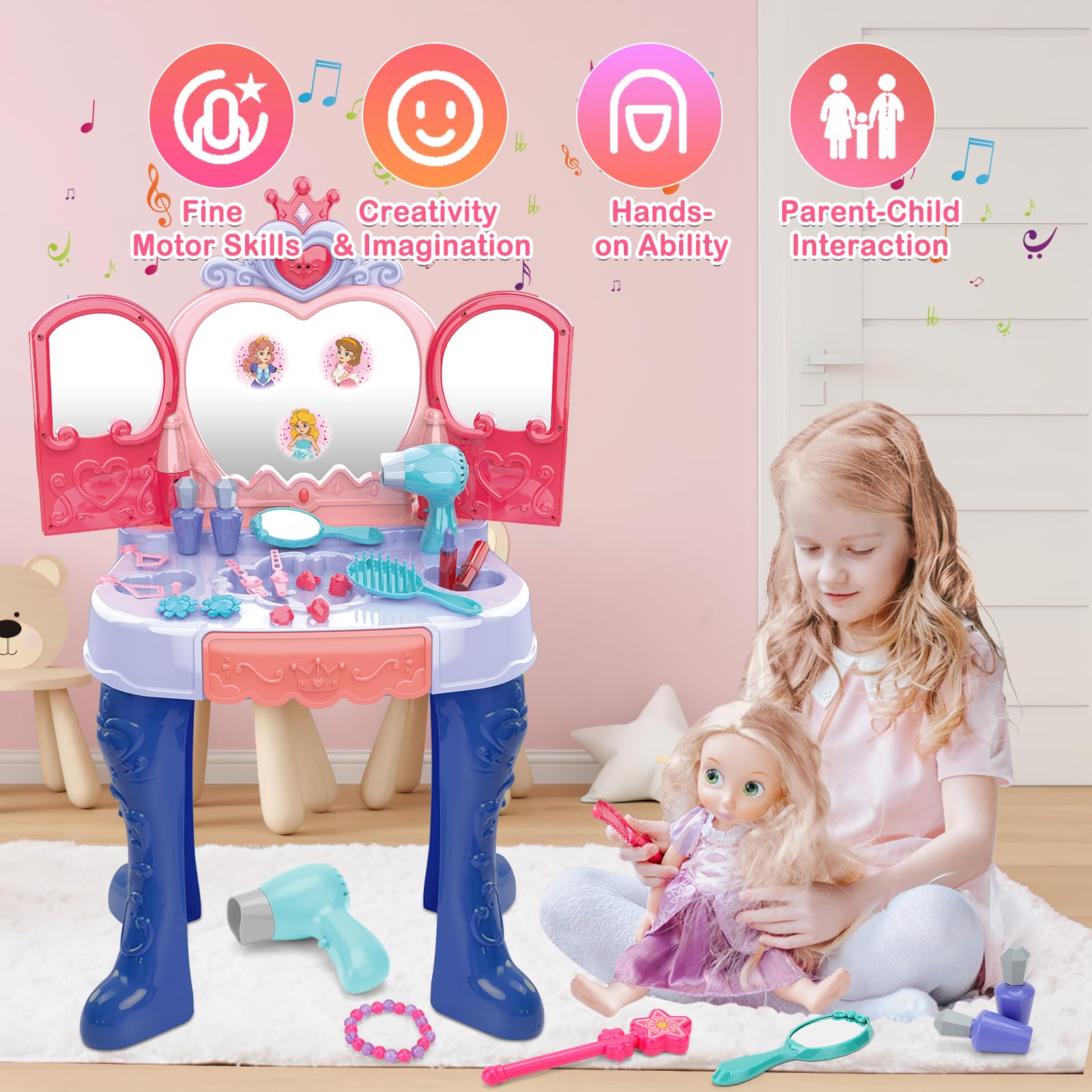 deAO Coiffeuse Enfant avec Miroir Tabouret et Accessoires, Coiffeuse pour Filles avec Lumière et Musique, Ouverture de la Porte par Induction, Kit de Maquillage pour Filles à Partir de 3 Ans - Bleu