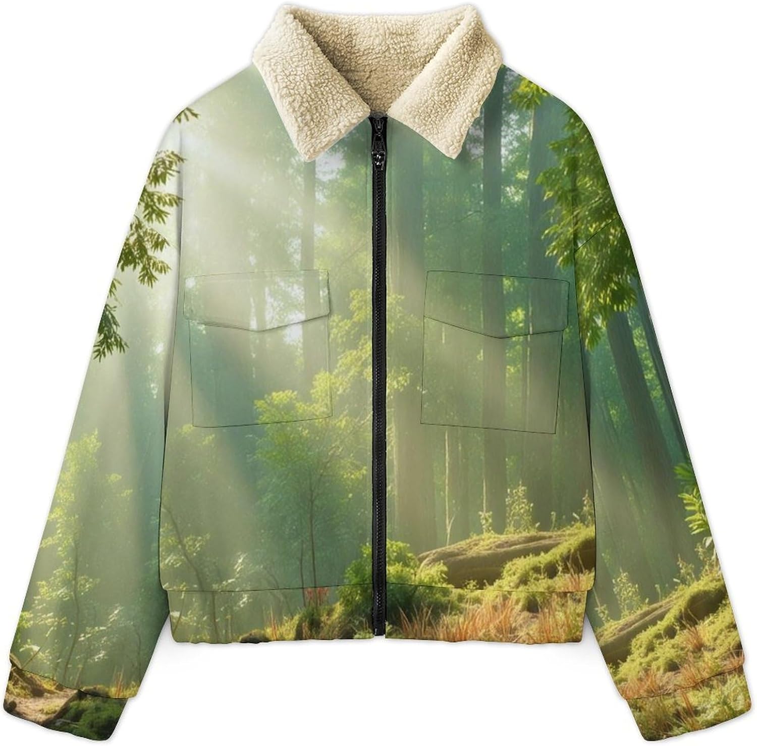 Women's Full Zip Soft Polar Fleece Jacket, Sunshine Forest Printed Outdoor Coat, Long Sleeve Comfortable Outerwear