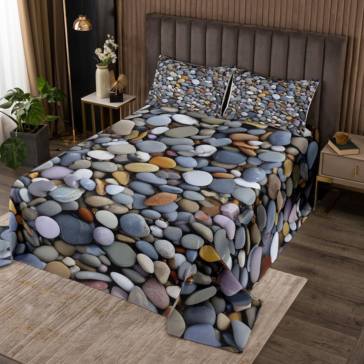 Cobblestone 3D Coverlet Set Chic Stone Pattern Quilted Coverlet Natural Stones Comforter Set Bedspreads Quilt Set for Children Kids Coverlet Set,Twin Size 2 Pcs