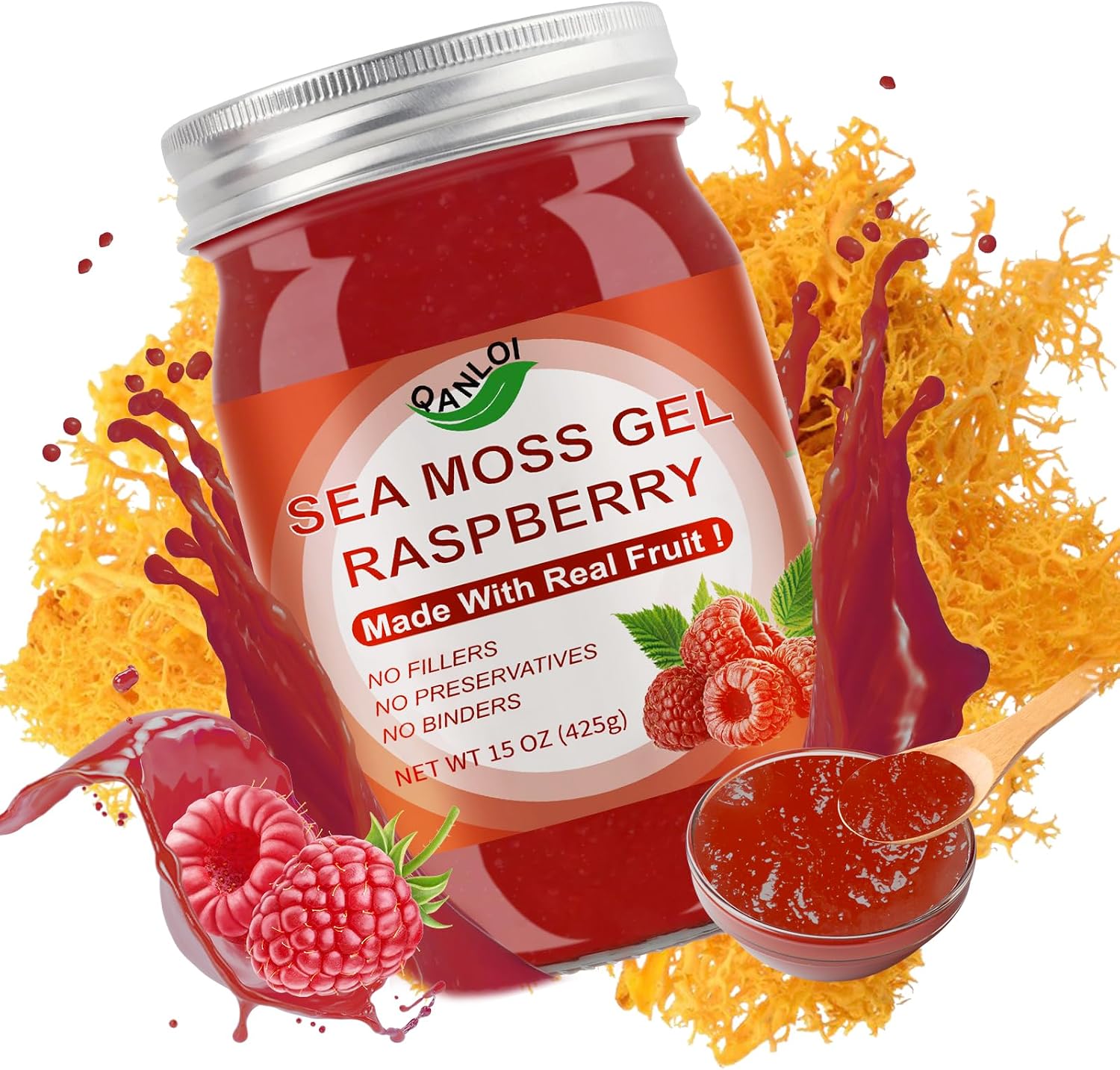 QANLOI Sea Moss Gel Seamoss-15OZ Organic Sea Moss Gel-Rich in Irish Sea Moss-with Sea Moss Raw Organic-Antioxidant Health Supplement,Vegan-Friendly(Raspberry)
