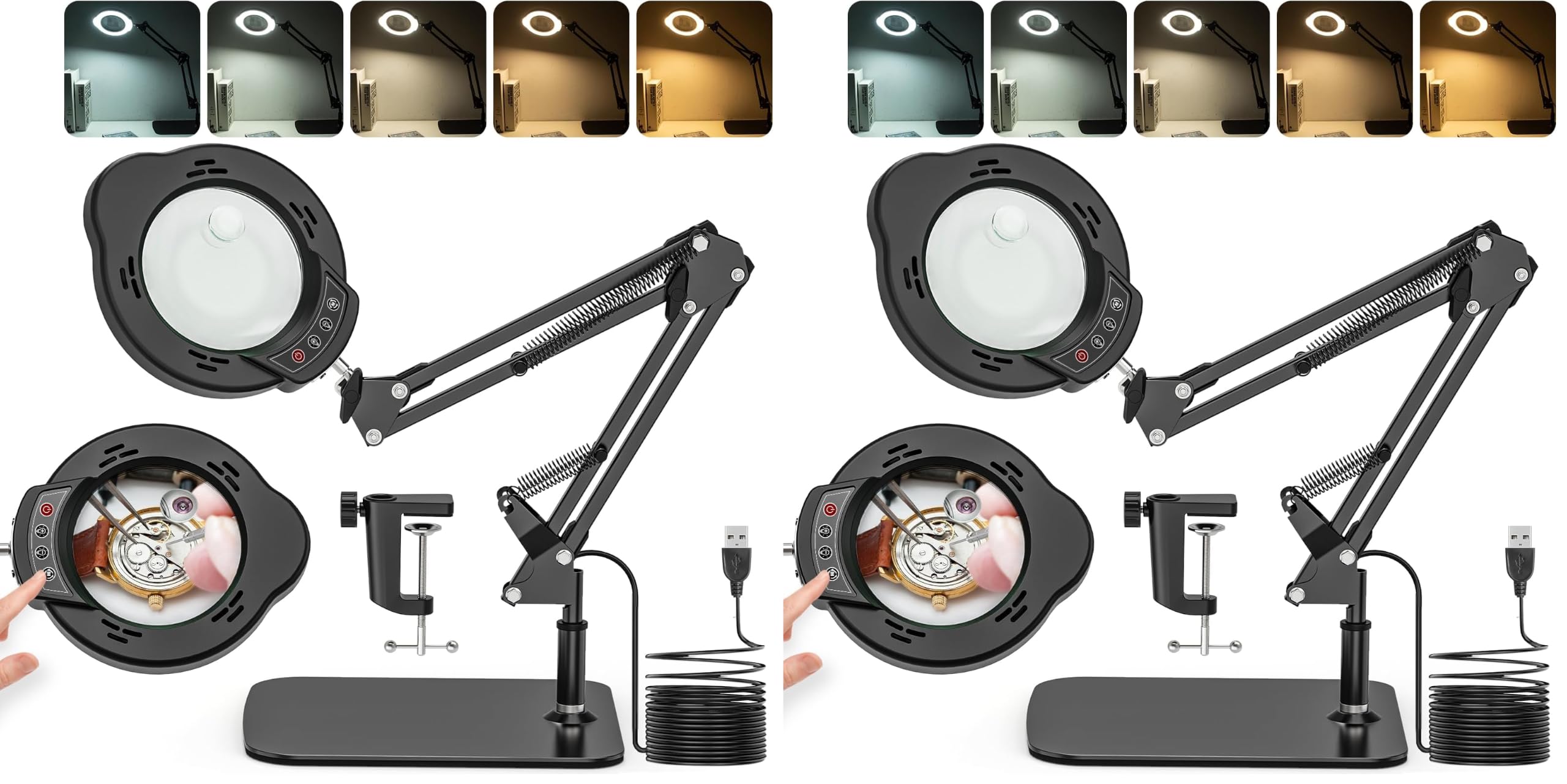 Améliorée Lampe de Bureau Loupe, 15X 10X LED Loupe avec Lumière, Lampe de Bureau avec Base et 5 Modes de Couleurs Réglables pour Lecture, Réparation, Artisanat (Lot de 2)