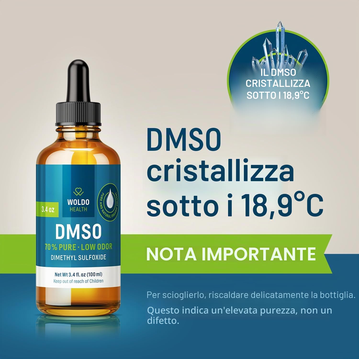 DMSO 70% con acqua demineralizzata 30% - Dimetilsolfossido qualità farmaceutica 100 ml con pipetta e tappo contagocce