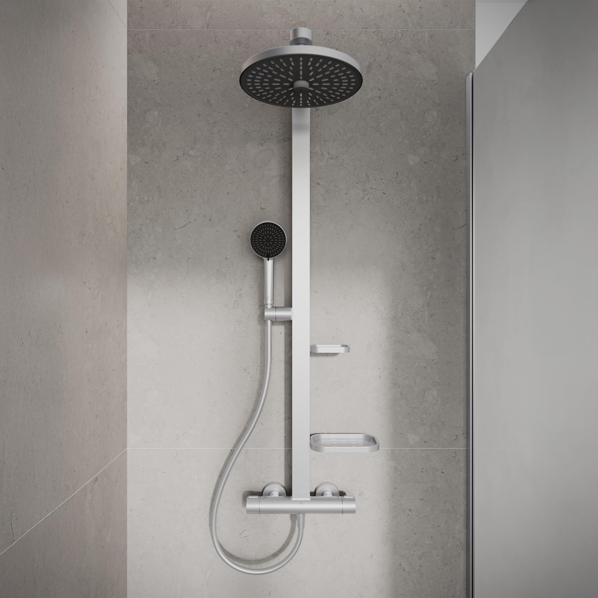 Ideal Standard Ceratherm Alu+ Colonne de douche, Fabriqué à partir de 100% d'aluminium recyclé, douchette à économie d'eau avec différents types de jets – Argent (356x501x1113 mm)