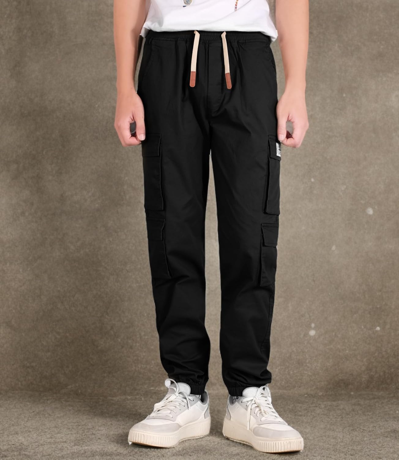 TLAENSON Boys Cargo Pants Cotton Casual Pants Drawstring Loose Jogging Bottoms Elastic Cuffed Cargo Joggers