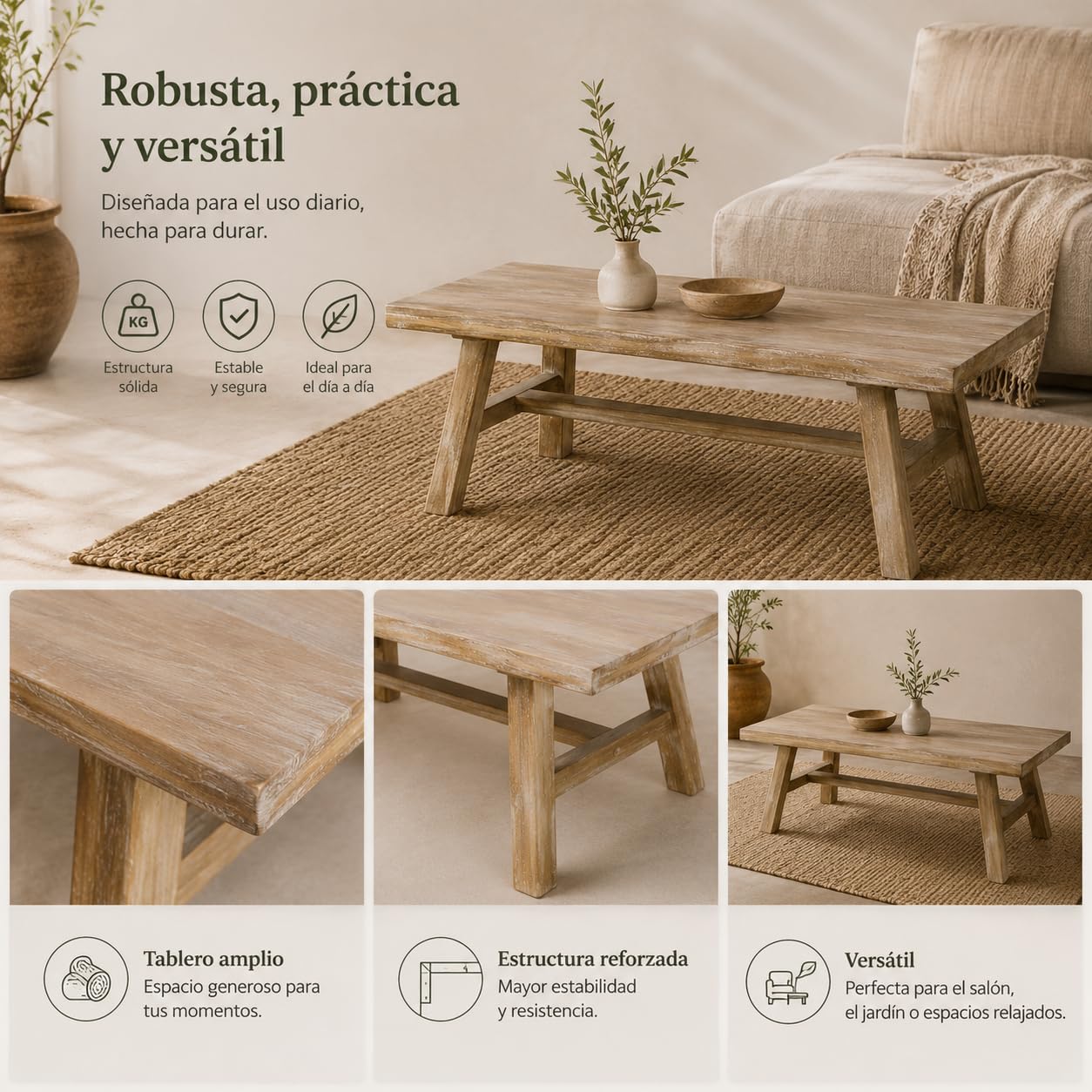 Mesa de Centro de Madera Reciclada Estilo WABI Sabi -con Patas Inclinadas y Refuerzo Horizontal - Mesa Auxiliar de Madera Maciza Sostenible Apto para salón y Pasillo. 120x55x38cm XZ-24897
