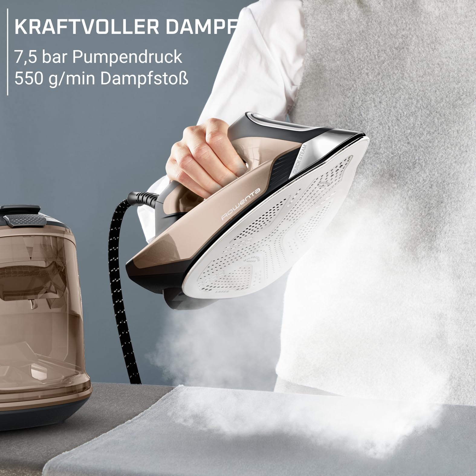 Rowenta Force Pro 500 Dampfbügelstation, 2800 W, 130 g/min variable Dampfmenge, Dampfstoß von 550 g/min, spart Energie, Quicksteam-Technologie, Braun/Schwarz, VR9033F0