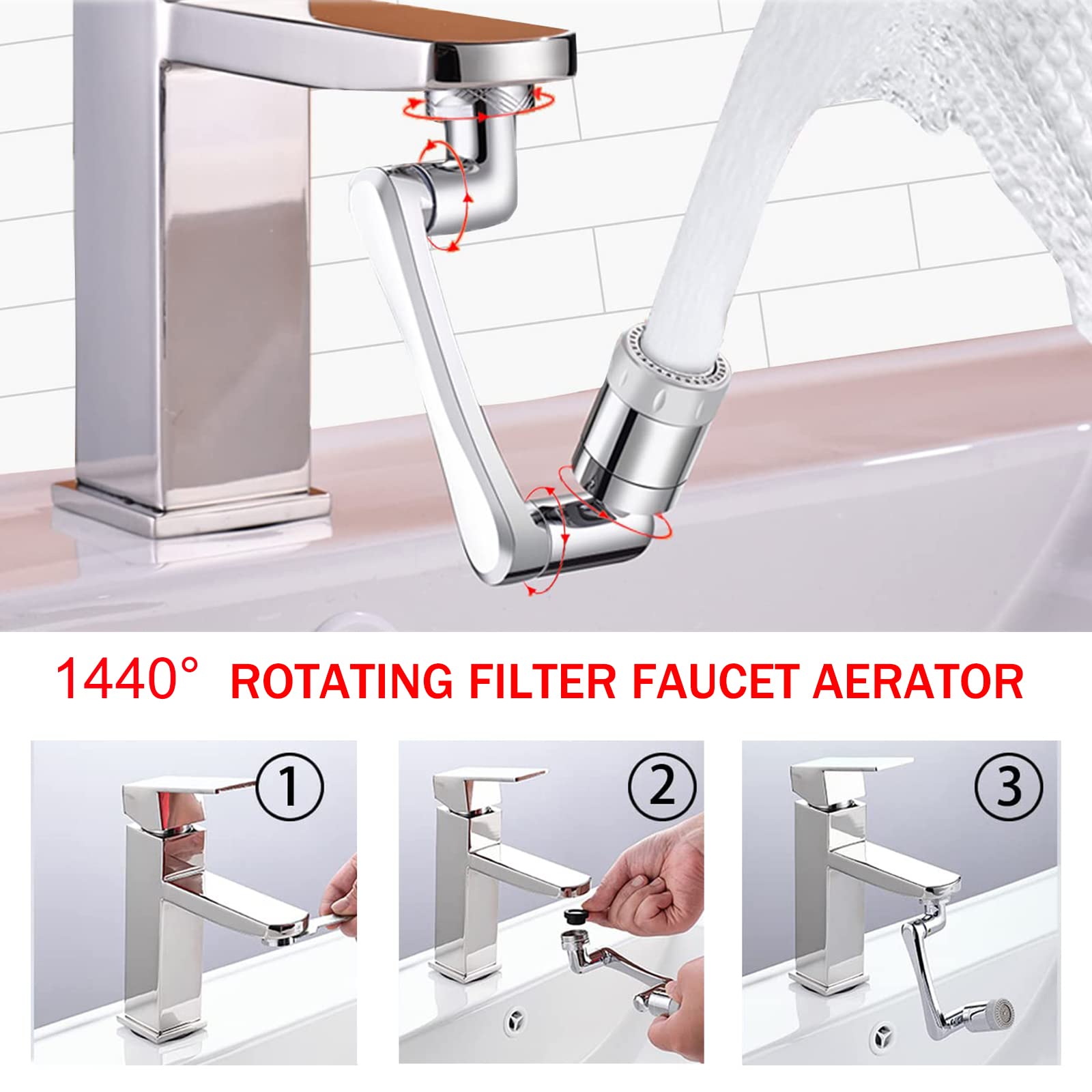 Lot de 2 rallonges de robinet pour évier de salle de bain Aérateur de robinet pivotant universel à 1080° avec 2 modes de sortie d'eau Bras robotique rotatif Filtre antiéclaboussures pour
