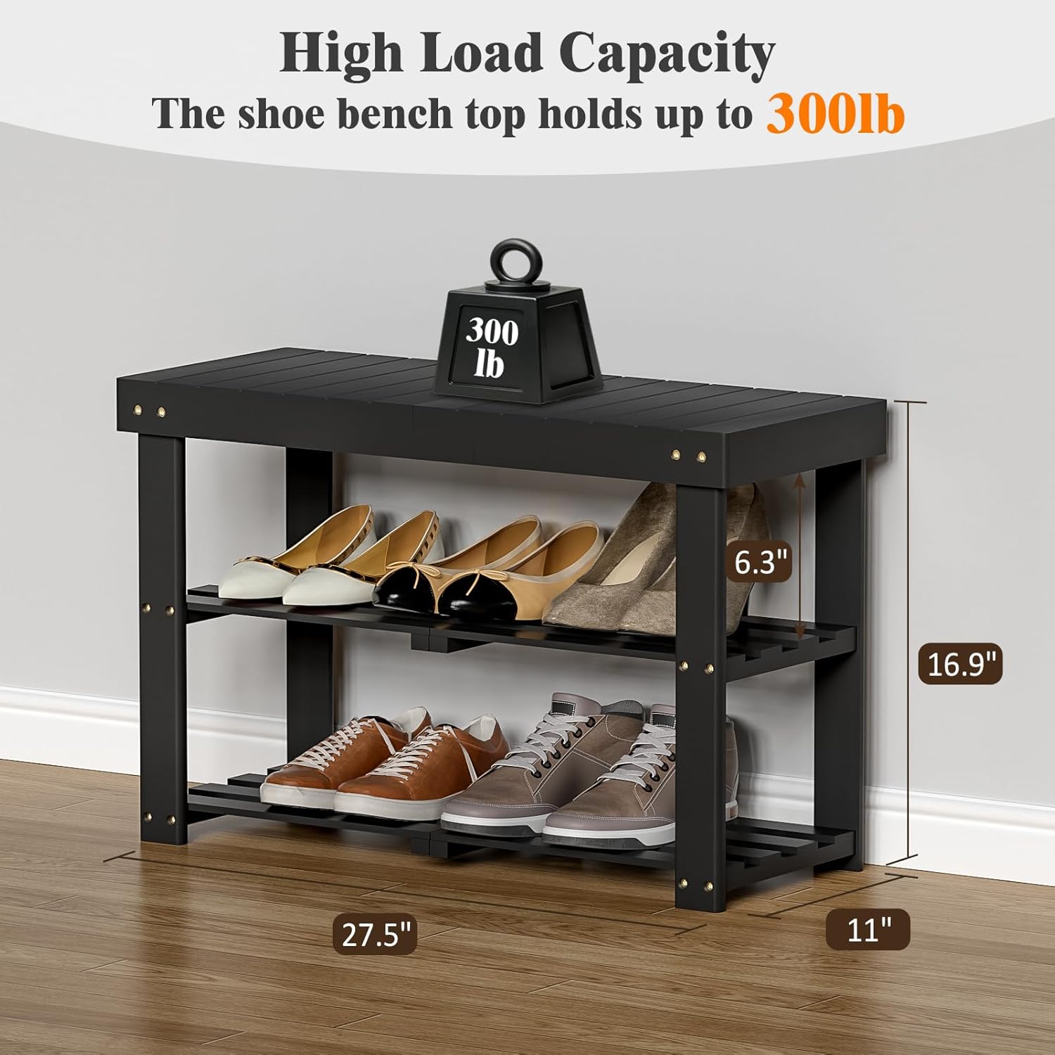 BAMBUROBA Bamboo Shoe Rack Bench, 3-Tier Entryway Bench, Small Shoes Storage Organizer Holds Up to 300lbs, 27.5 x 11 x 16.9 Inches, for Front Door, Hallway, Living Room, Bedroom,Black