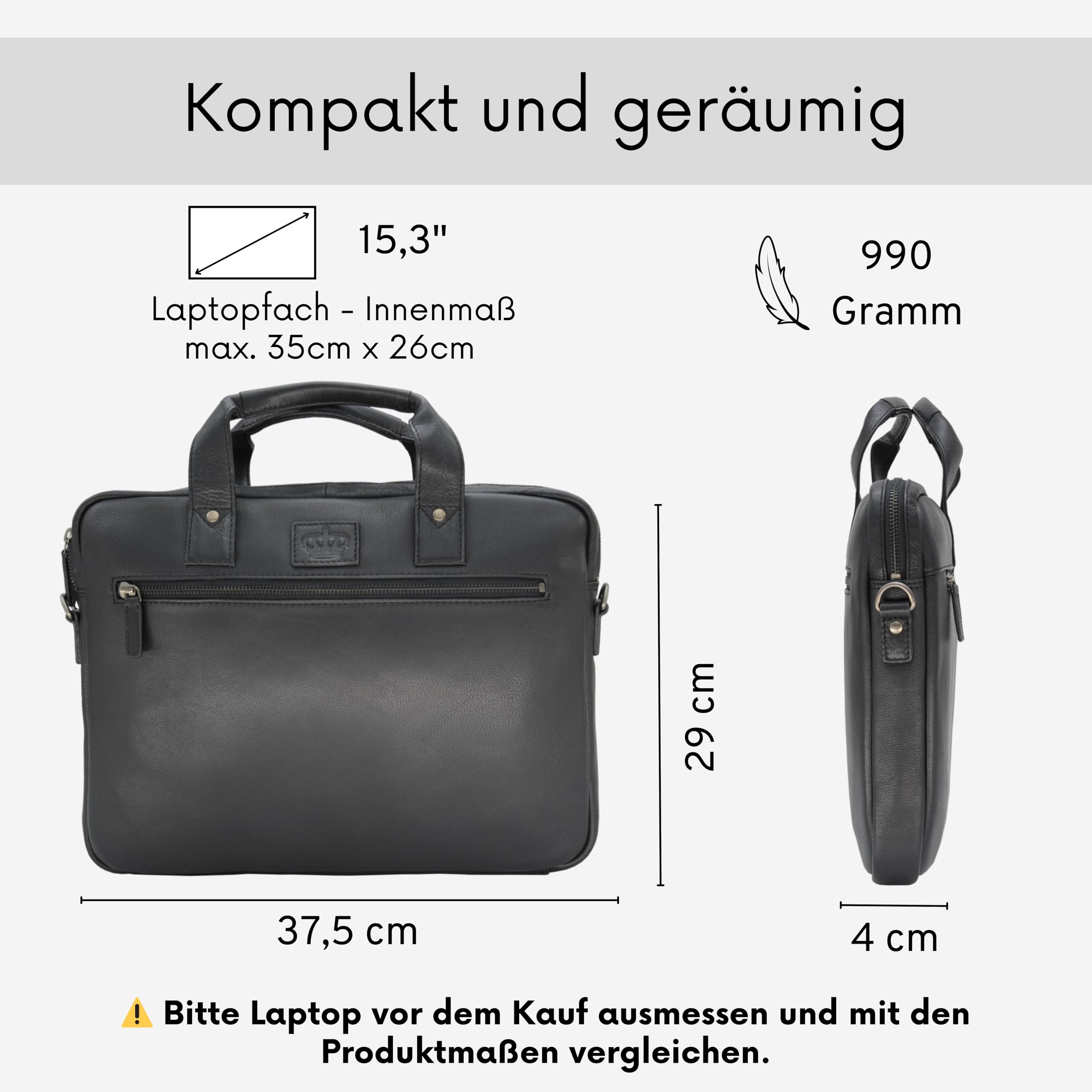 Baur Laptoptasche Echtleder 13-15,3 Zoll Handgefertigte Businesstasche Aktentasche