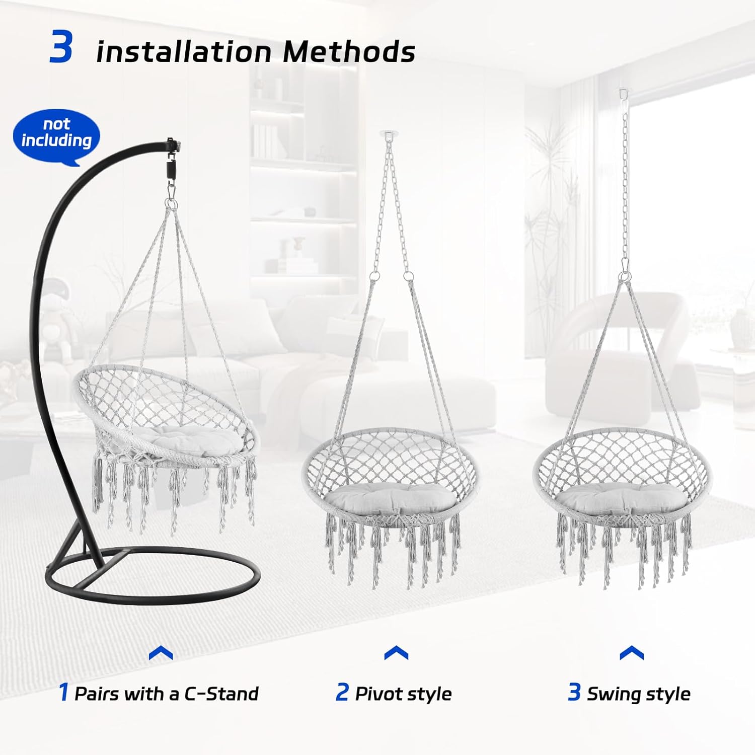 Hammock Hanging Swinging Chair,Hanging Cotton Rope Swing Chairs with Cushion and Hardware Kits, Hanging Chairs for Indoor Balcony and Outdoor Use,Perfect for Bedroom, Porch (Grey)
