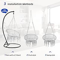 Vista 2 de Silla hamaca de macramé, silla colgante tejida a mano con cuerda de algodón de 330 libras de capacidad, hamaca con borlas de macramé para soporte