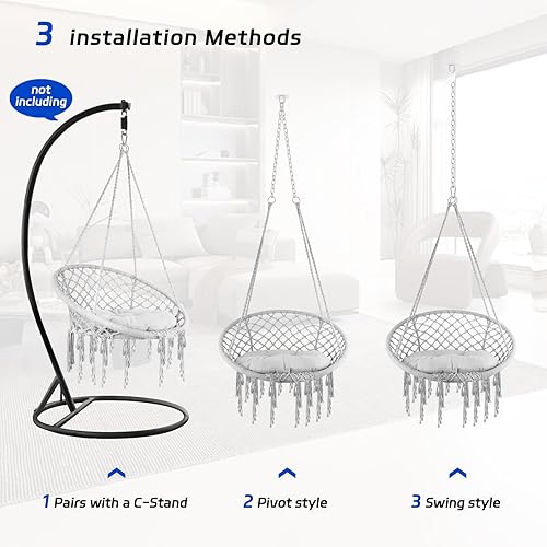 Miniatura 2 de Silla hamaca de macramé, silla colgante tejida a mano con cuerda de algodón de 330 libras de capacidad, hamaca con borlas de macramé para soporte de