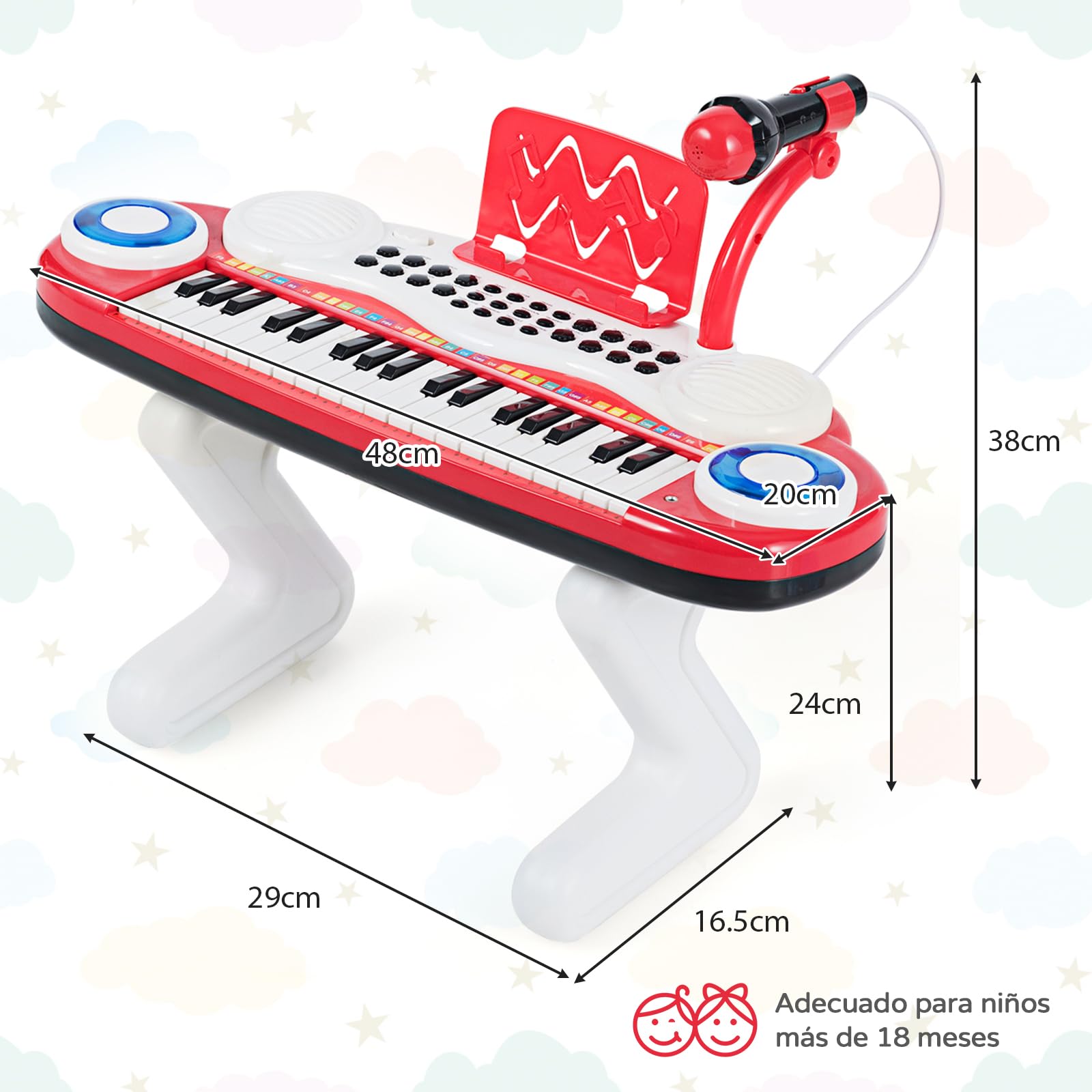 RELAX4LIFE Piano Infantil con 37 Teclas, Luces, Micrófono Ajustable, Grabación y Reproducción, Atril, 8 Estilos, 4 Percusiones, Volumen y Ritmo Regulables, Teclado Piano para Niños de 18+ Meses (Rojo)