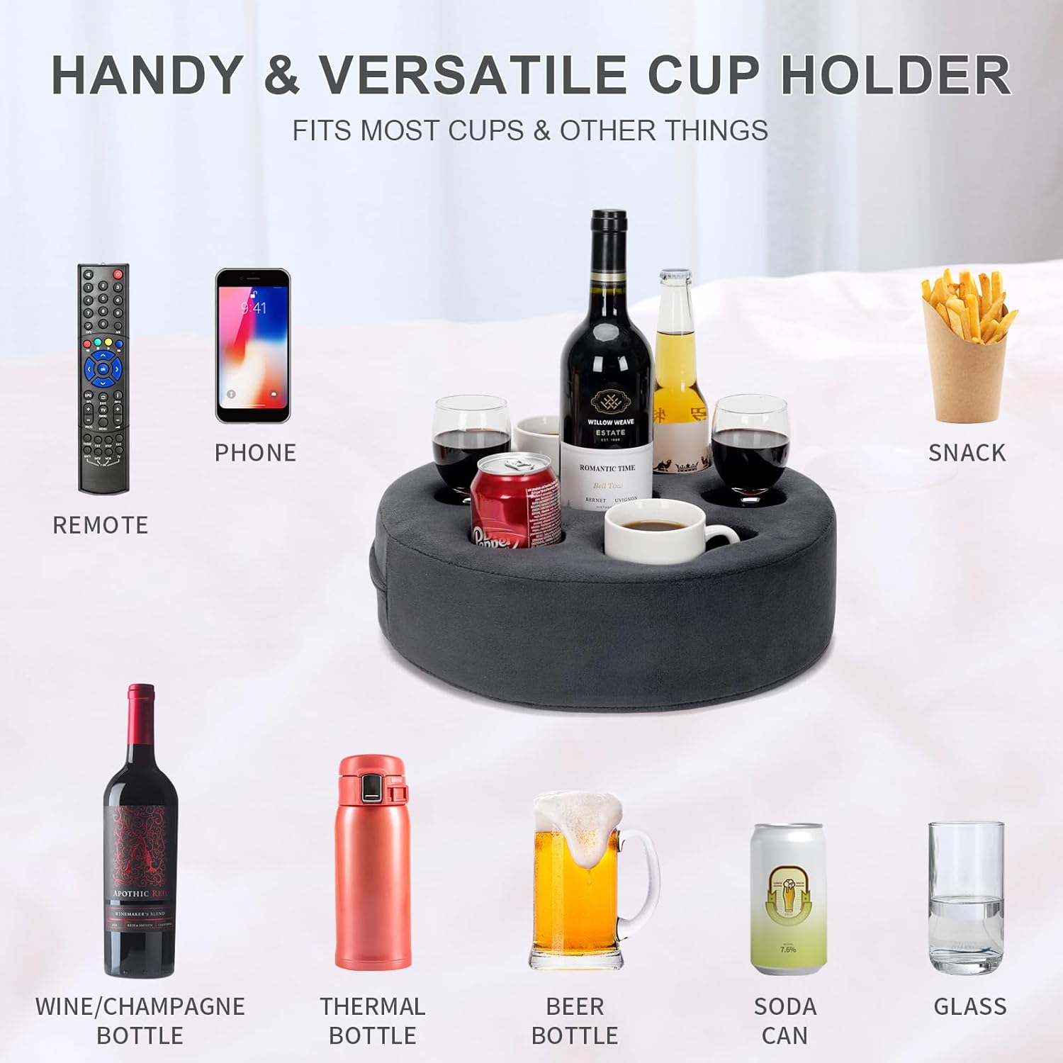 WILLOW WEAVE Couch Cup Holder Pillow 7 in 1 Console，Bed Drink Pillow, Cup Sofa Caddy, Cozy Couch Buddy for Couch, Bed, Car, RV, Beach - Grey