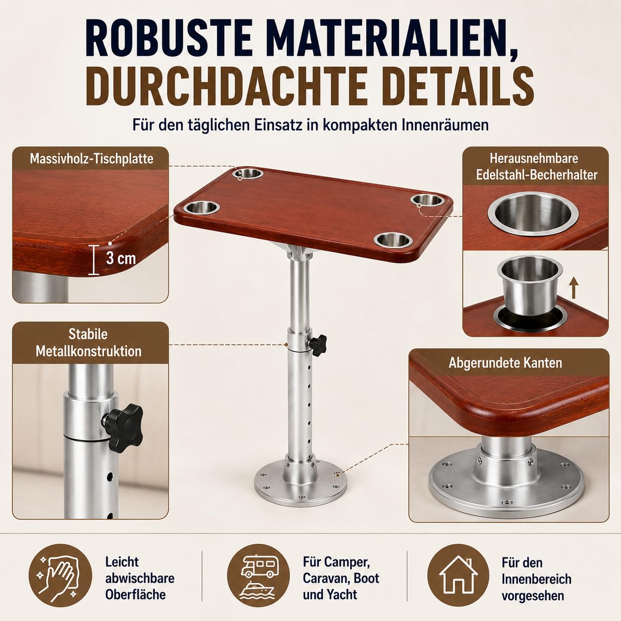 Wohnmobiltisch Teleskopisch Höhenverstellbar Abnehmbar, RV Tisch mit 4 Getränkehaltern, Eiche Tischplatte, Tisch für Caravan Wohnwagen Boot Yacht, 600x380mm Tischgestell