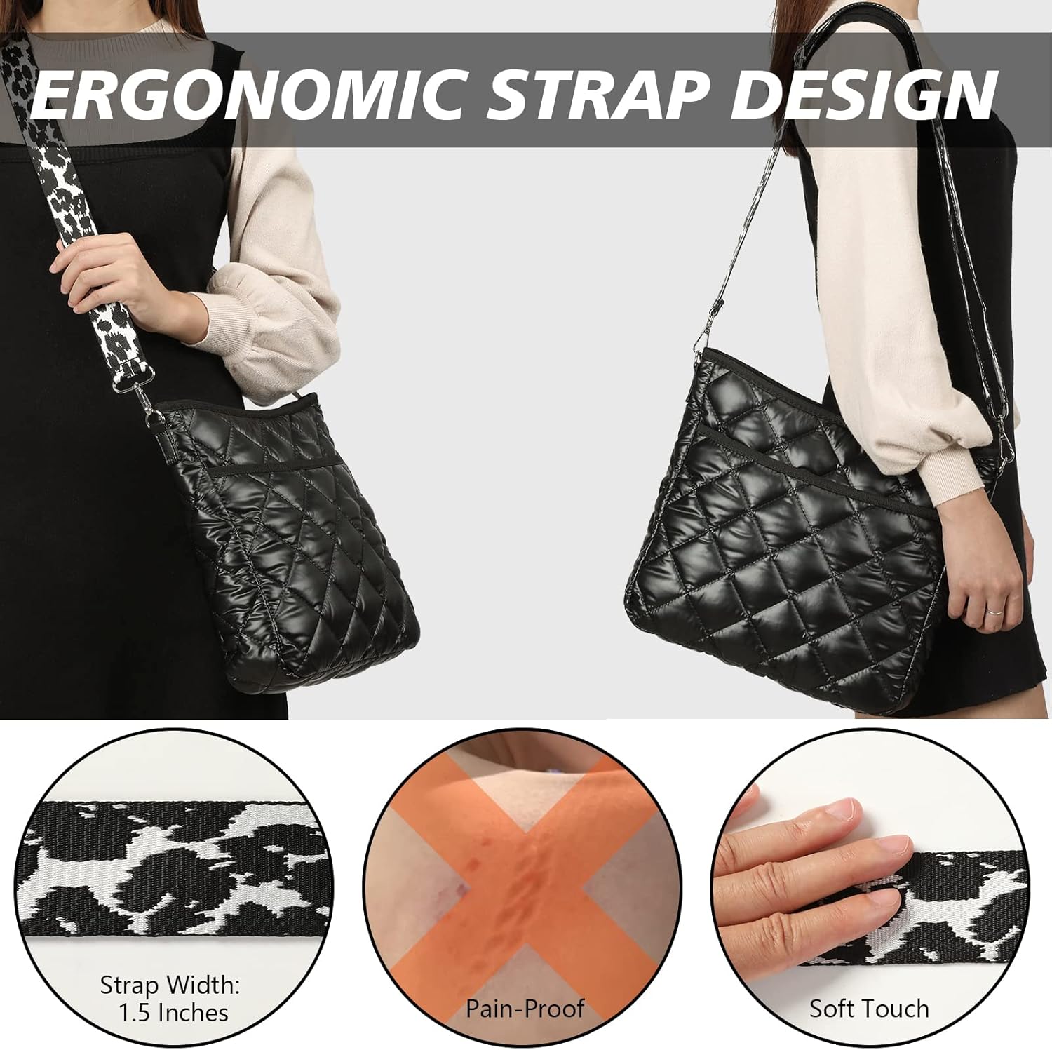 Quilted Crossbody & Puffer Shoulder Bag, Tote with Zipper - Fashion Cotton Quilted Ladies Handbag - Image 6