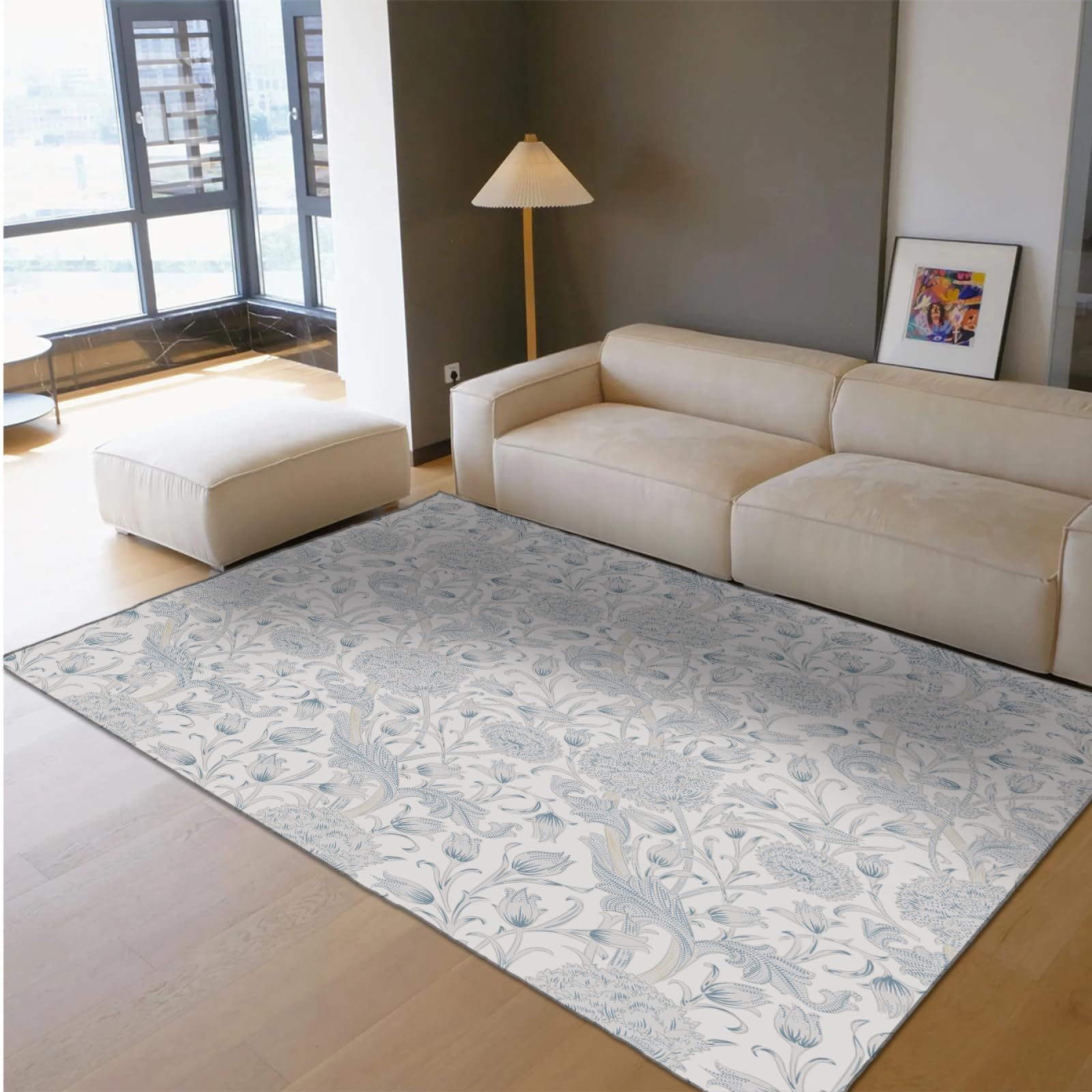 Tapis fin style William Morris motif plantes tropicales blanc