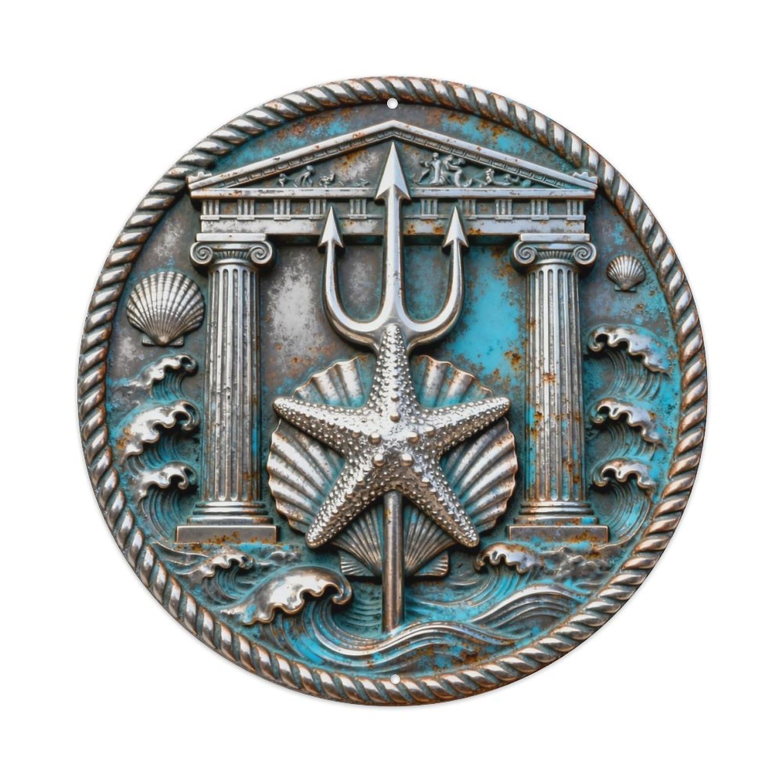 Poseidon Trident Sea Shell Metal Tin Sign Plaque
