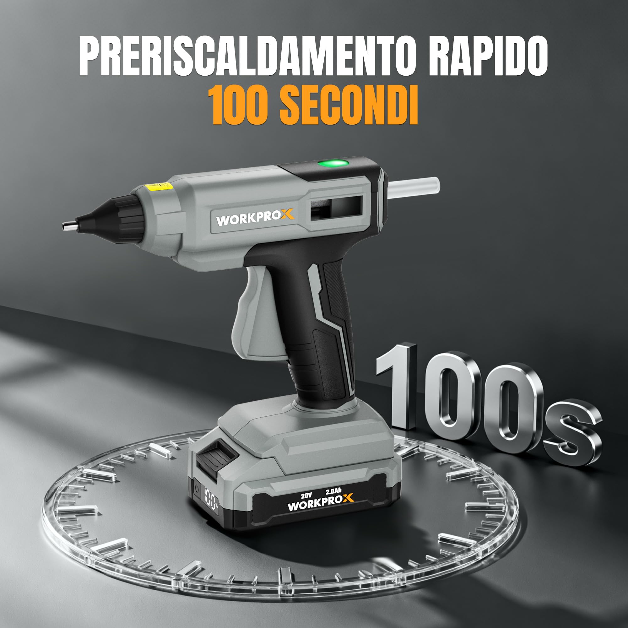 WORKPROX Pistola per Colla a Caldo Senza Fili 20V con Batteria e Caricatore, Riscaldamento Rapido e Spegnimento Automatico, Include 20 Stick Colla 11×150 mm, Ideale per Fai-da-Te e Riparazioni