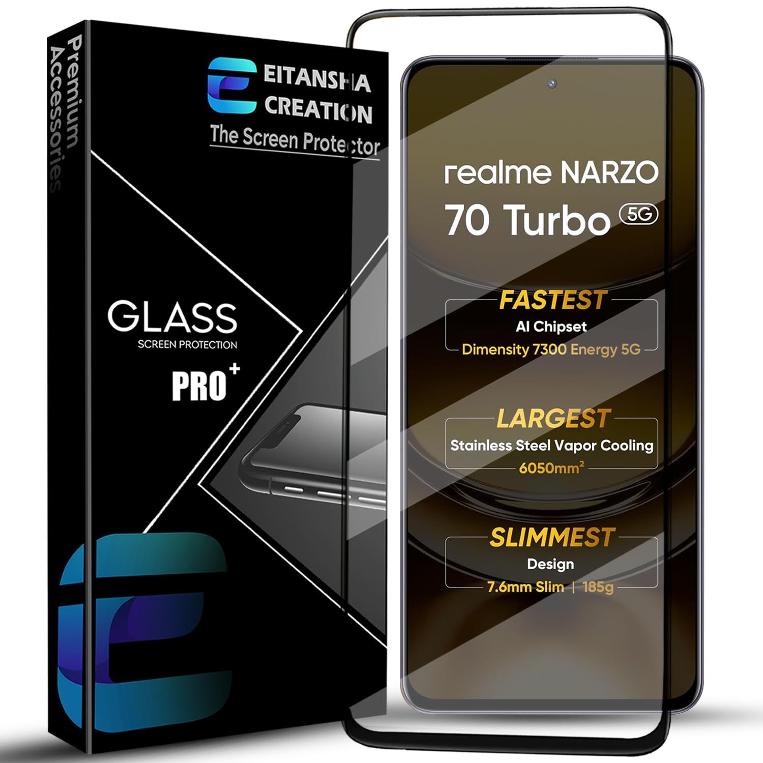 EITANSHA CREATION Edge To Edge Screen Protector Tempered Glass For realme NARZO 70 Turbo 5G With Easy Self-Installation Kit (B098DMC195) Amazon Price History, Amazon Price Tracker