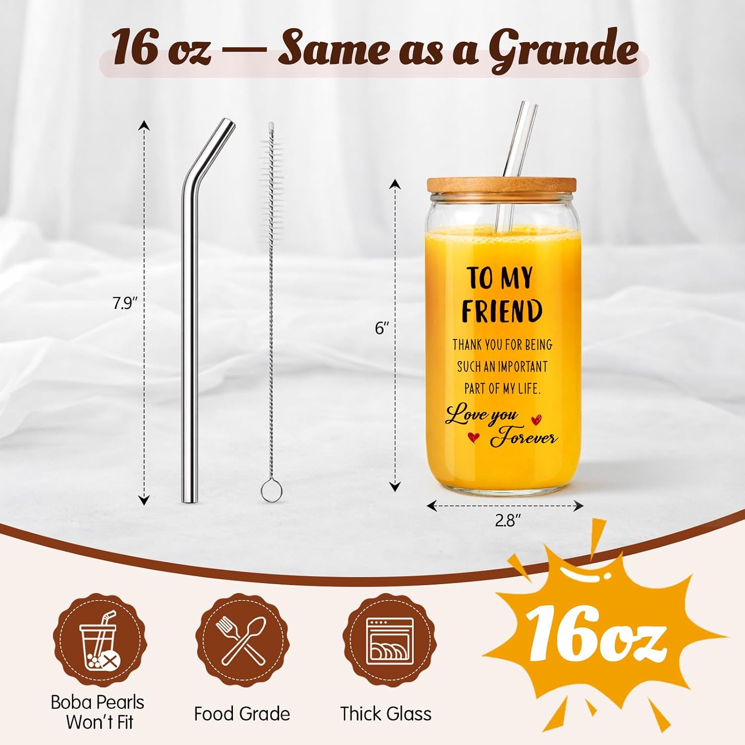 Women's Friend Birthday Gift – 16oz Glass Cup Set with Bamboo Lid & Straws, "To My Friend" Friendship Tumbler, Best Friend Bestie Coworker Gift, Gift Box