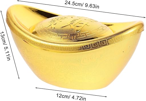 Golden Yuan Bao Feng Shui Figurine 9.63X5.11X4.72In Metal Collectible for Spring Festival and Corporate Celebrations