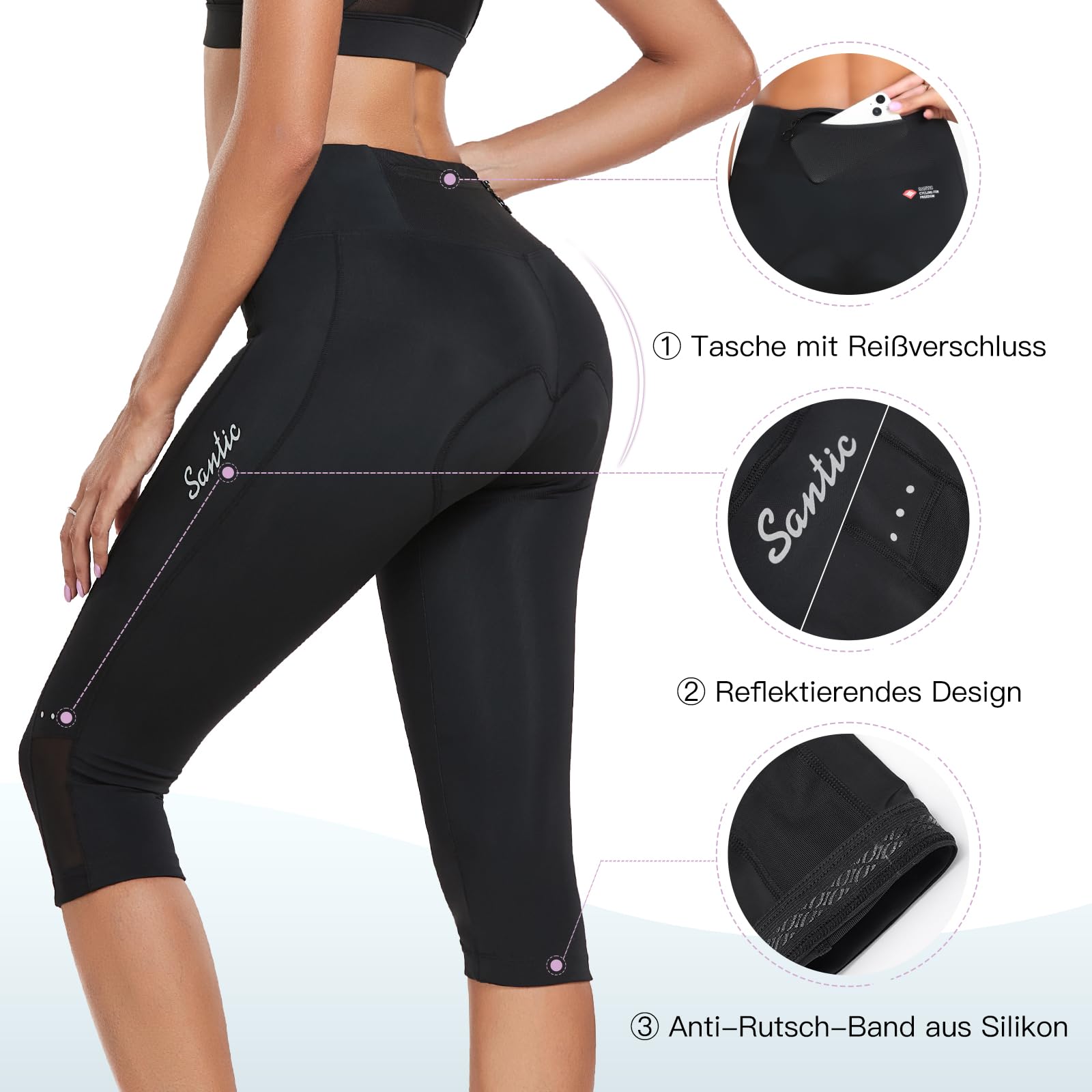 Santic Pantaloni da Ciclismo da Donna a 3/4, Imbottiti, da Ciclismo, da Ciclismo, con Imbottitura Elastica, ad Asciugatura Rapida, Traspiranti