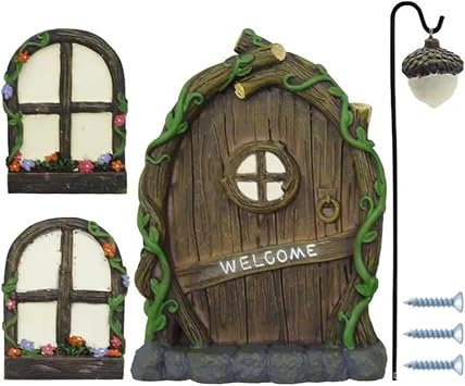 Miniature Window Door Decoration Set Resin Glow Fairy Window Door Sculpture for Outdoor Courtyard