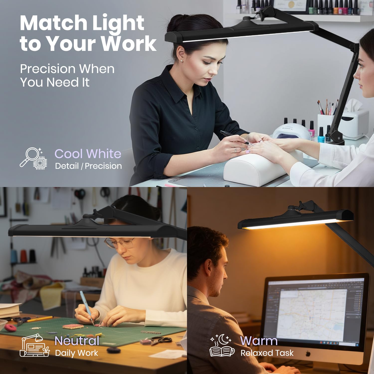 Neatfi Lampe de Bureau LED 3 500 Lumens – Lampe de Travail Dimmable 45W | 3 Modes d’Éclairage | 540 LED SMD | Commande Tactile | Large Tête Métallique de 66 cm (Noir, CCT avec Pince)
