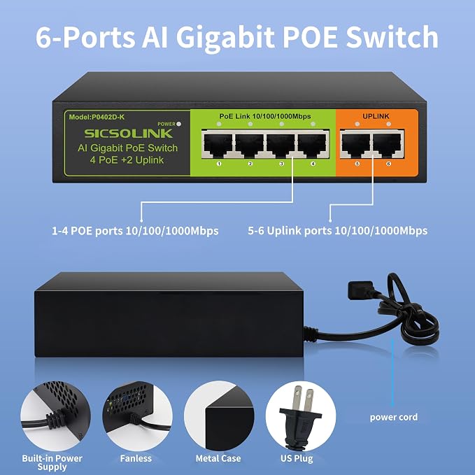 Switch Gigabit PoE+ de 6 Puertos, 4 PoE+, 65W Total miniatura 3