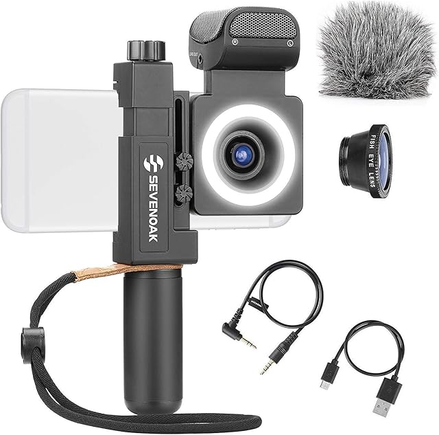 Sevenoak SmartCine by Movo - Complete Universal Smartphone Video Kit with Phone Rig, Built-in Stereo Microphone and LED Light, Wide-Angle and Fisheye Lenses - Compatible with iPhone and Android Phones