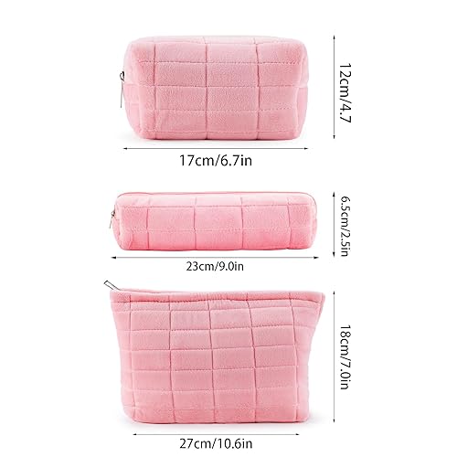 Miniatura 5 de Bolsa de maquillaje de felpa, 2 piezas, bolsa de cosméticos a cuadros, pequeña bolsa de maquillaje para bolso, bolsa de maquillaje rosa con soporte