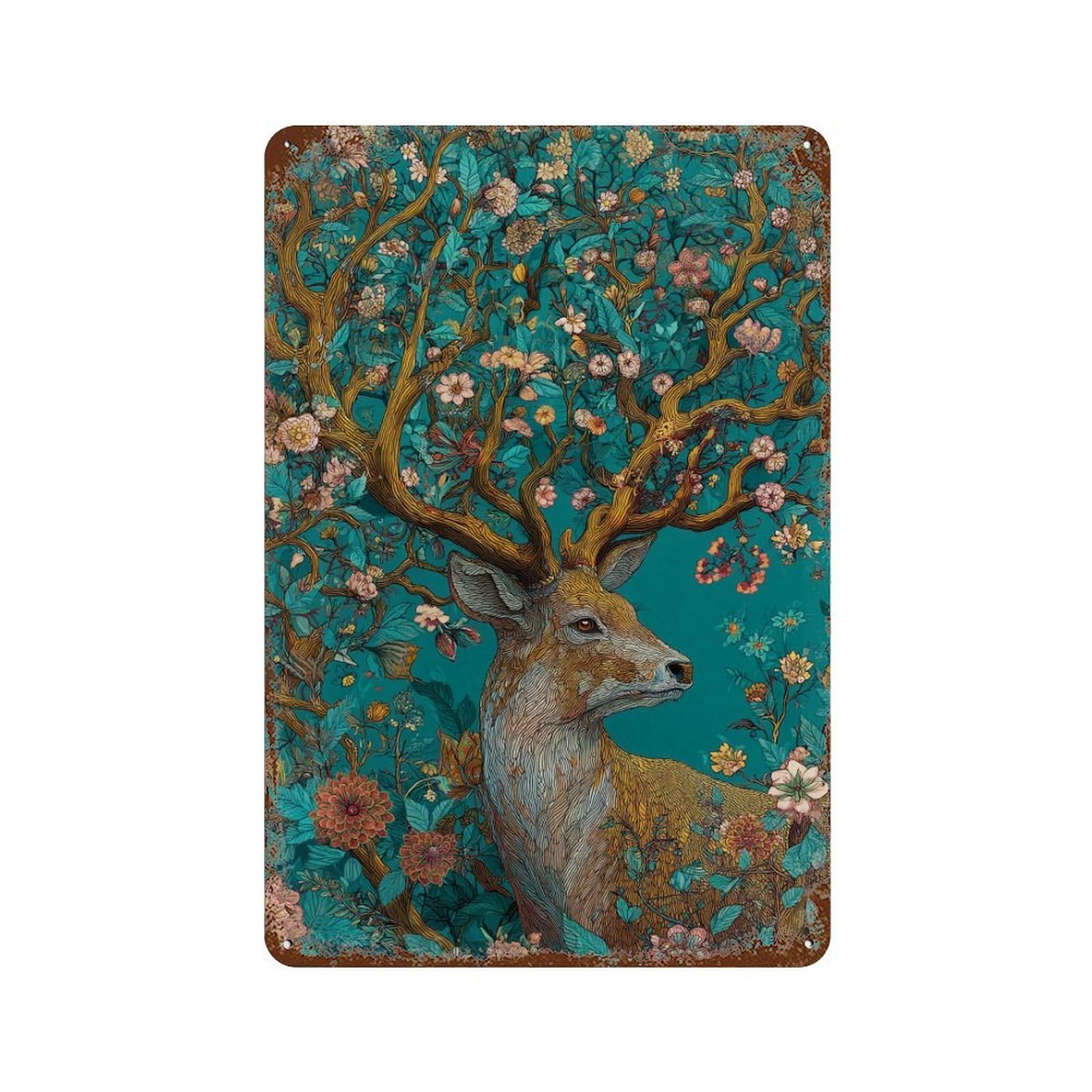 Deer in Floral Forest Vintage Rust Metal Sign 11.8"x7.9", Retro Wall Decor for Garage, Pub Or Kitchen