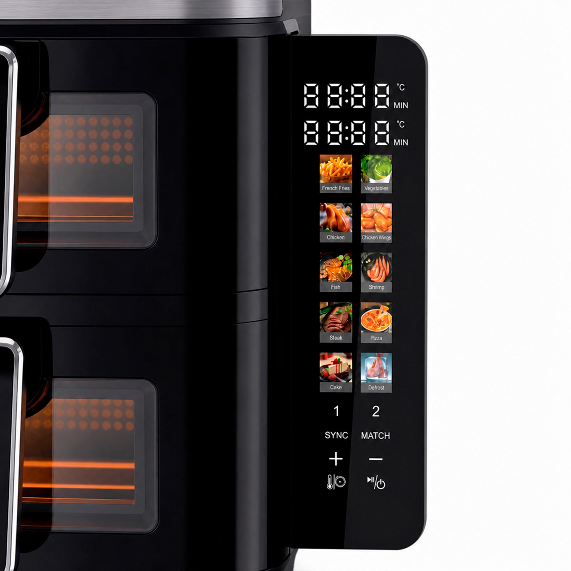 JOCCA - Podwójna cyfrowa frytkownica powietrzna 11L (5,5 l + 5,5 l) | Airfryer pionowy z 2 komorami z okienkami, 10 funkcji, kolorowy ekran dotykowy LED, 60-200 °C, nieprzywierająca i łatwa do