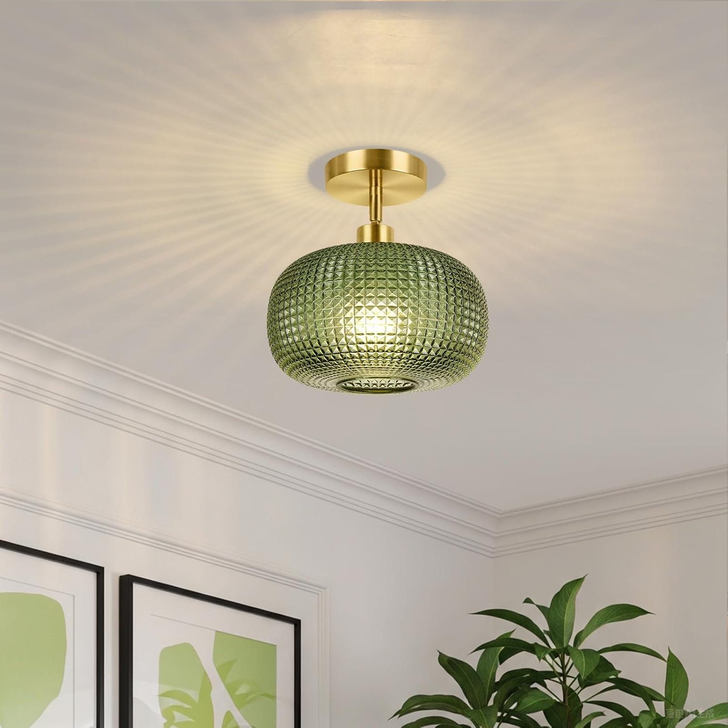 ROTTOGOON Semi Flush Mount Ceiling Light, Adjustable Hanging Gold Sloped Ceiling Lights with Green Glass Shade Vintage Hallway Light Fixtures for Kitchen Bathroom Entryway Bedroom (Bulb Not Included)