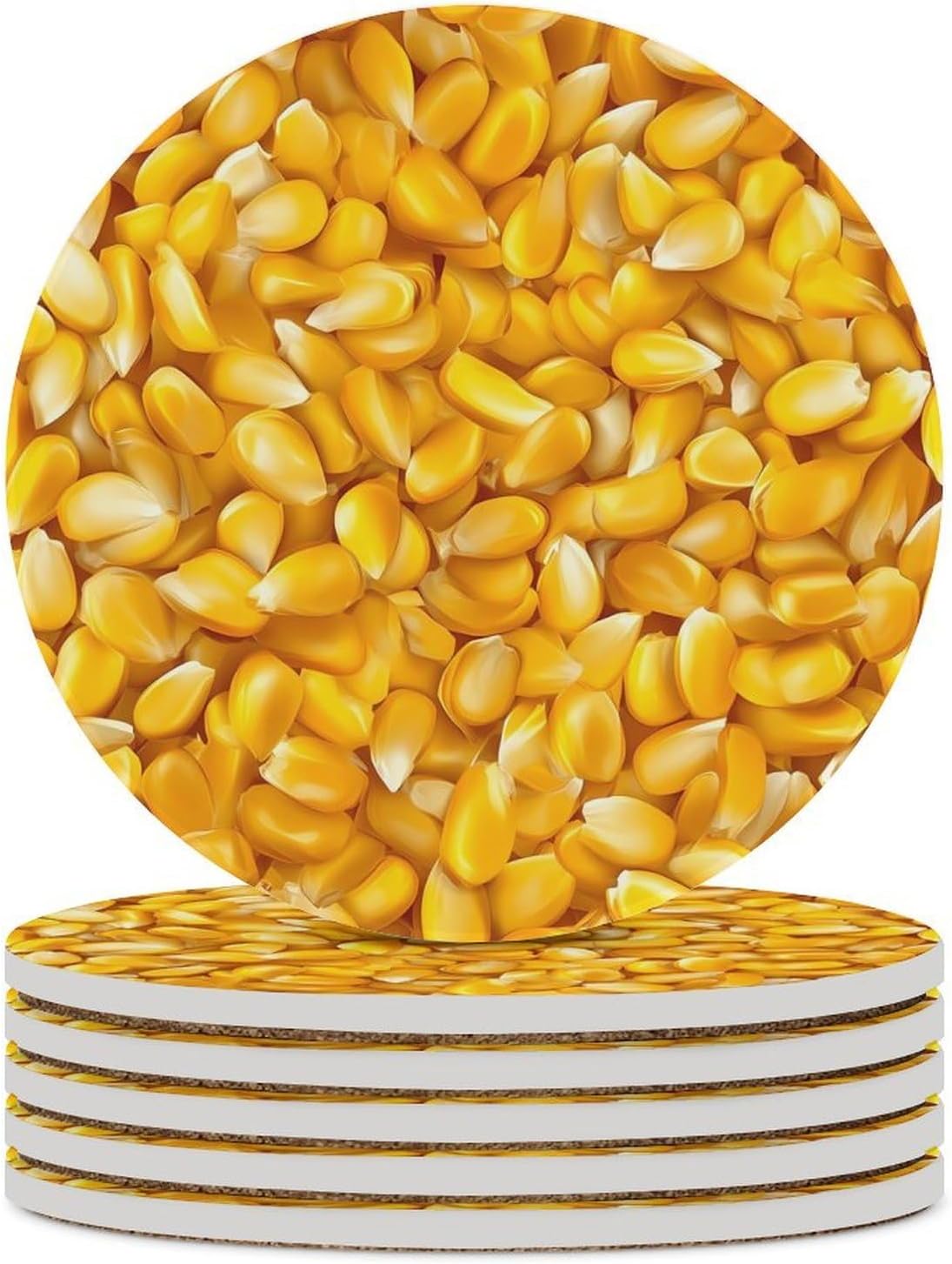 Corn Kernels Round Ceramic Coasters for Drinks Absorbent Cup Holder Tabletop Protector with Cork Base