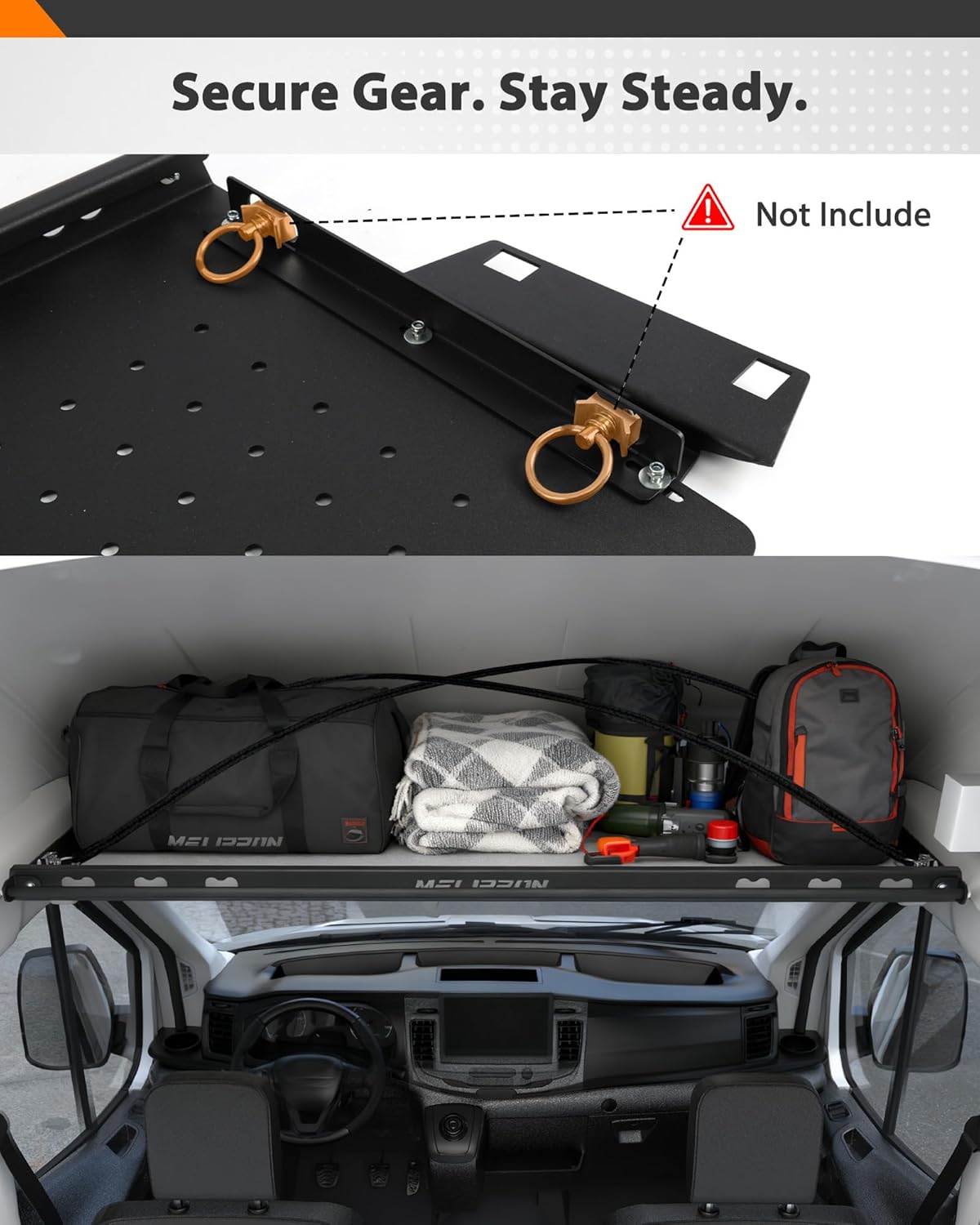 MELIPRON Van Headliner Shelf for Ford Transit 2015–2025 Mid & High Roof, Overhead Storage Shelf with Modular Mounting Slots, 55 lbs Capacity, No-Drill Installation for Organized Van Storage