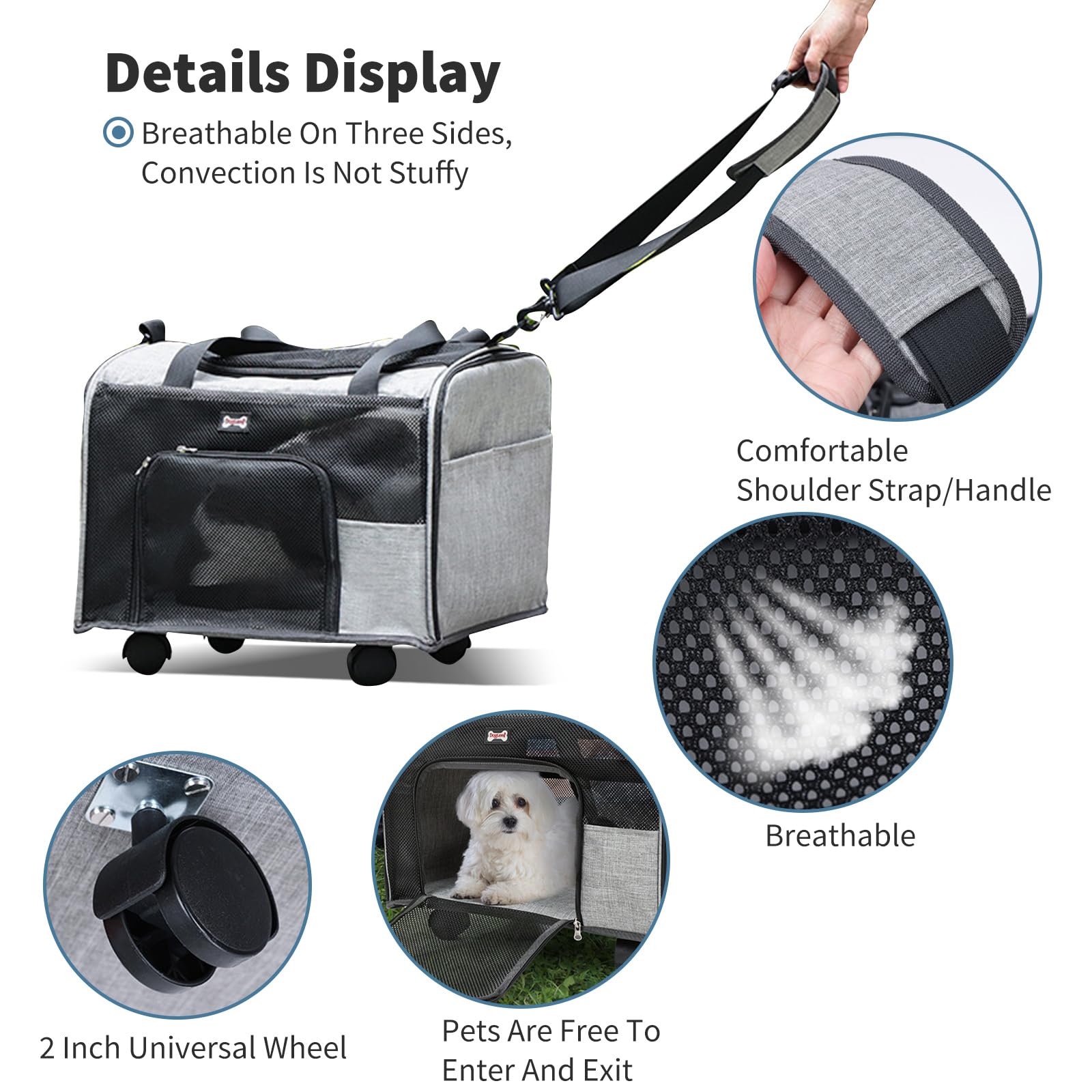 PETCUTE Transportín Perro Gato con Ruedas,Transportín Plegable para Perros con Alfombrilla Extraíble,Correa de Hombro Ajustable,Transpirable Bolsa de Transporte para Mascotas con Bolsillos Laterales