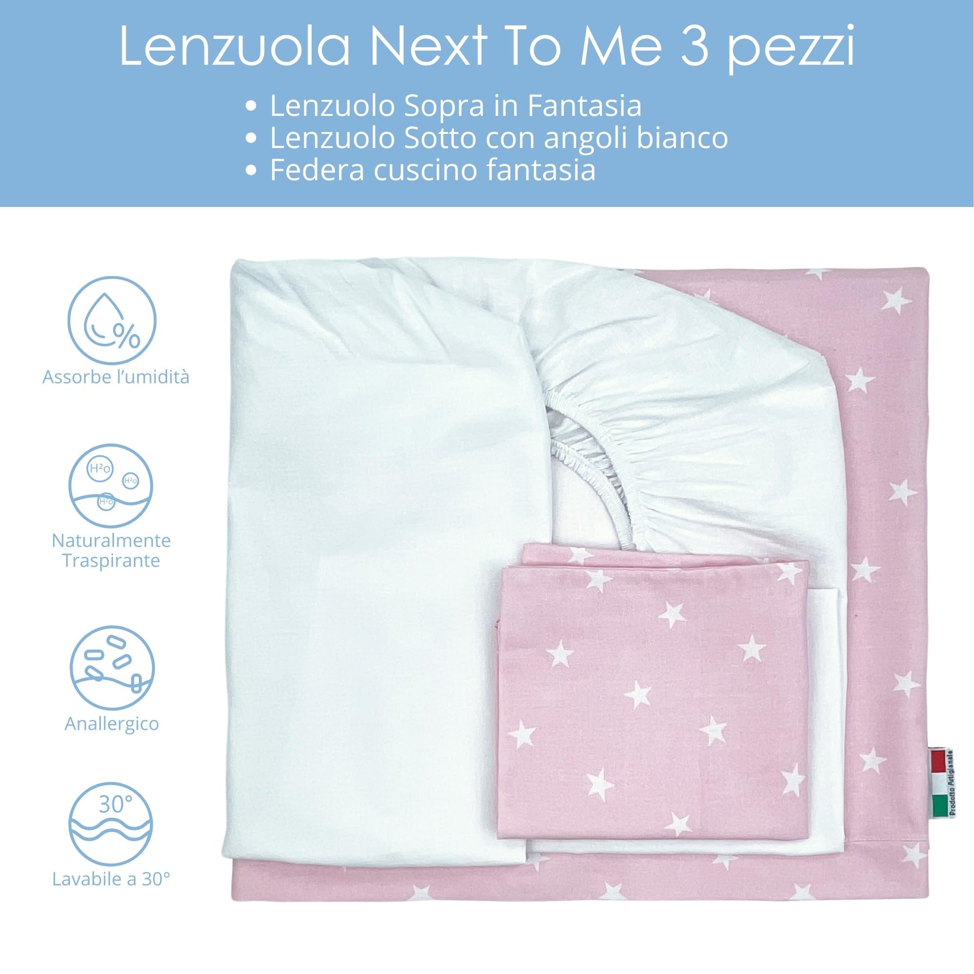 baby idea Lenzuola Next To Me 3 Pezzi Compatibili Culla Neonato 83x50 Lenzuola culla Fantasia + Sotto con Angoli + Federa Cuscino 100% Cotone Certificato Oeko Tex Made in Italy (Stellina Rosa 3 Pz)