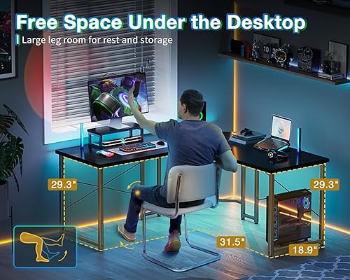 Miniatura 5 de Escritorio para juegos en forma de L, escritorio de esquina para computadora, mesa de escritorio para juegos de PC con soporte elevador de monitor