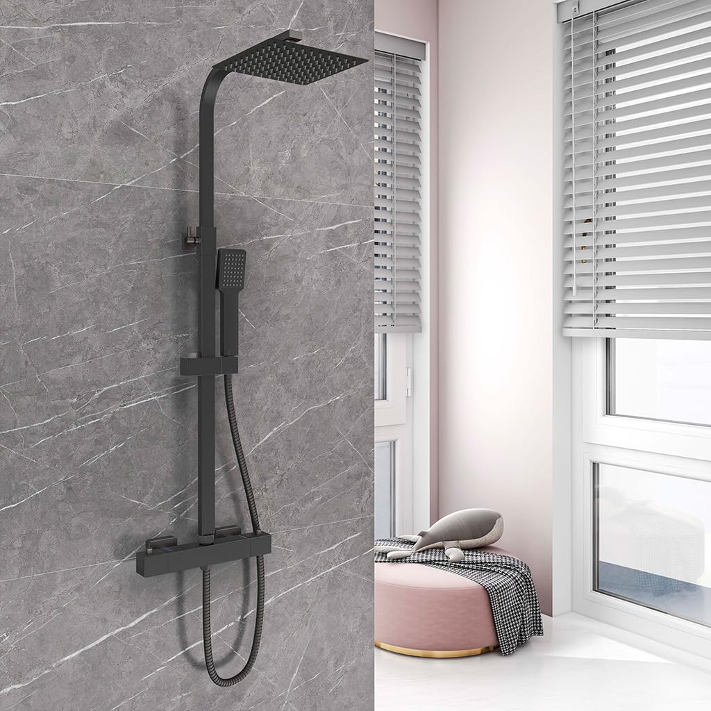 OCEAN ITALY Colonna Doccia con Soffione Acciaio Inox 20x20cm, Gruppo Doccia con Miscelatore Termostatico, Saliscendi Doccia Moderno Quadrato Regolabile 73-115cm, Nero Opaco