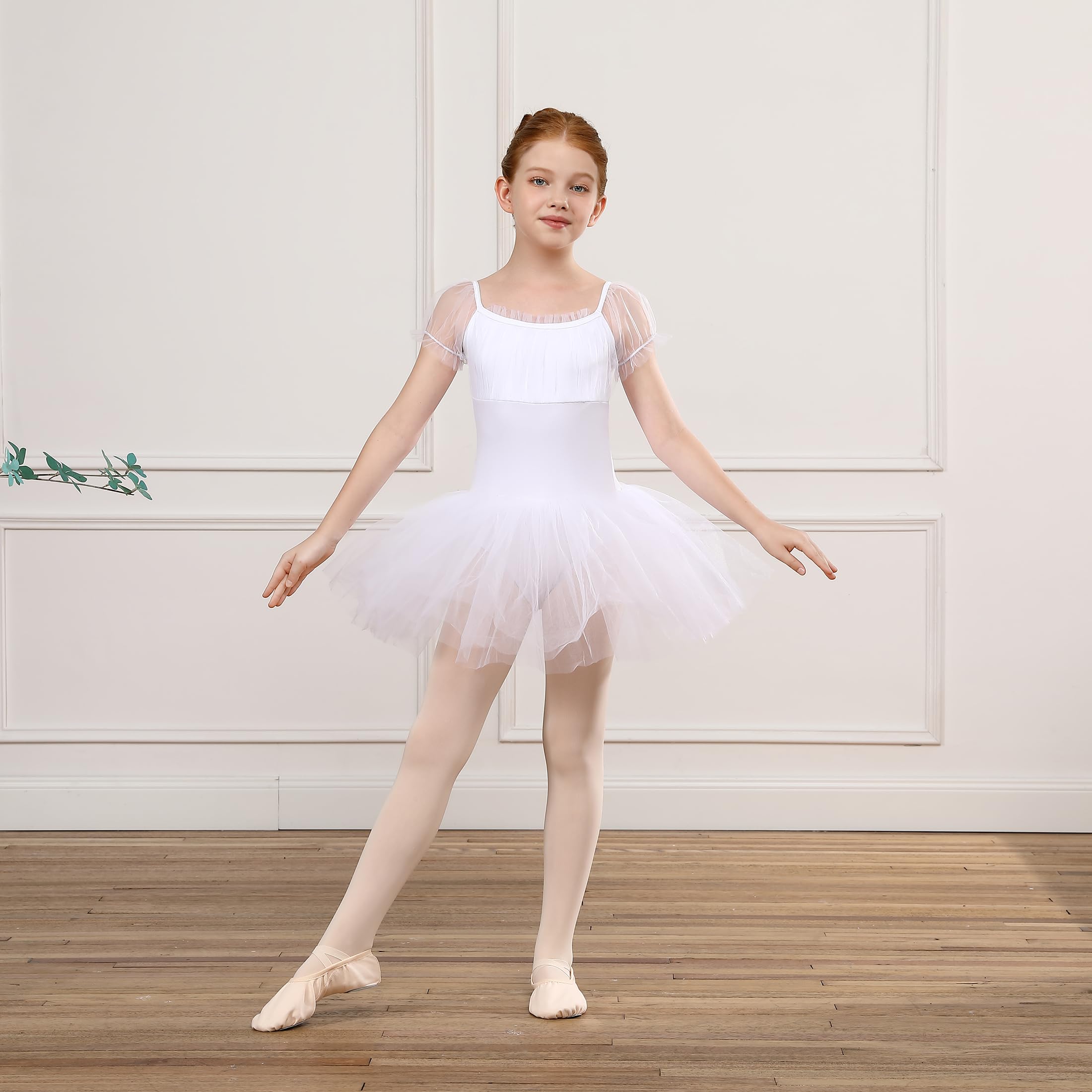 Tutu de Danse Classique pour Filles en Manches Ballon Tulle - Robe de Ballet Justaucorps