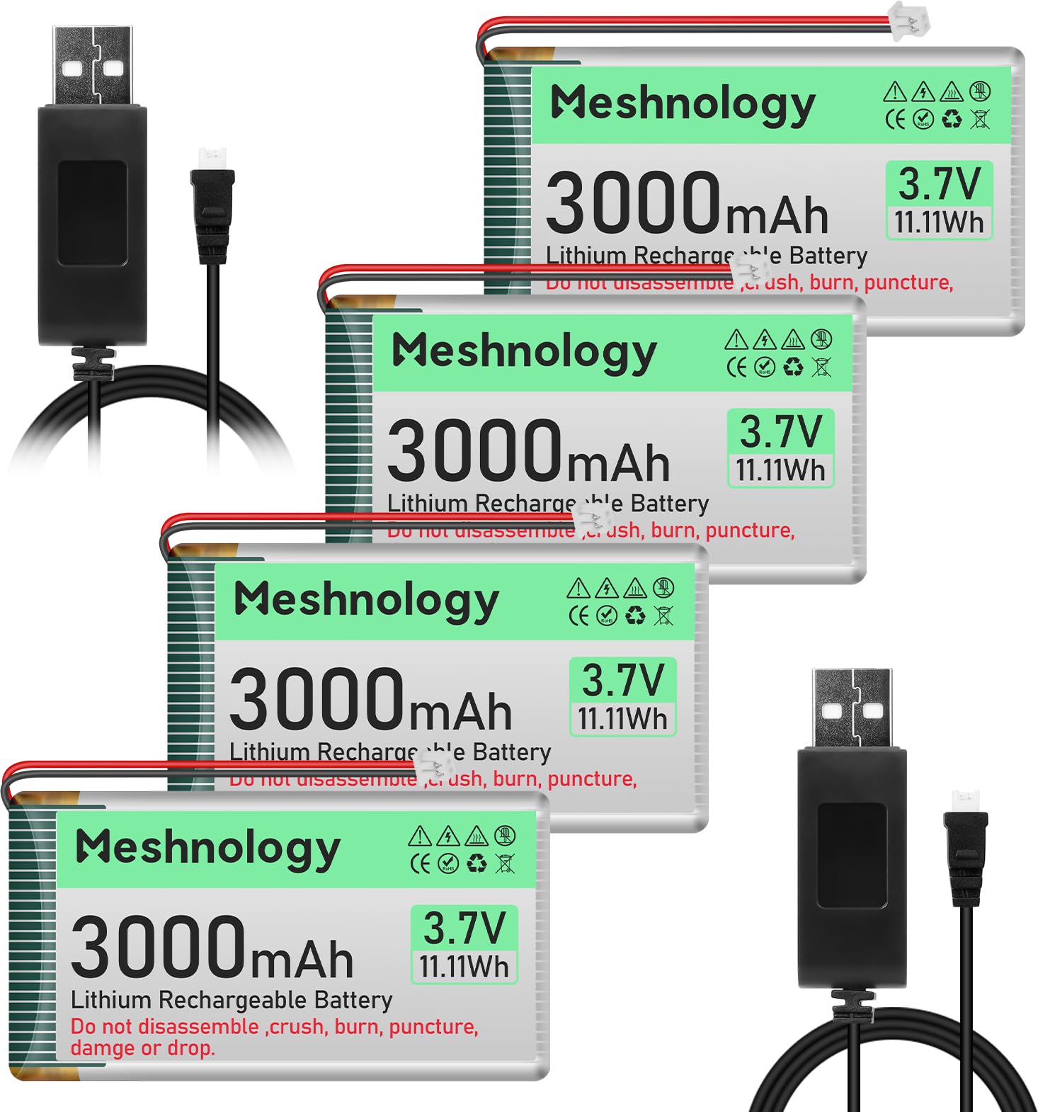 batterie li po 4pcs 3.7v 3000mah con cablo usb charge