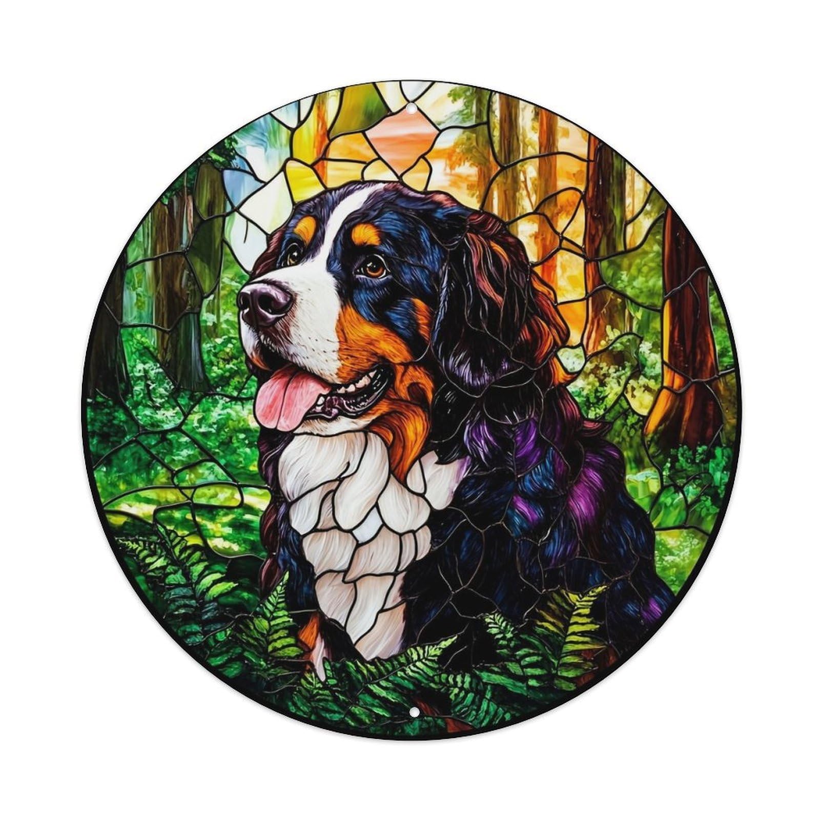 Stained Glass Dog Forest Art Round Tin Sign Vintage Metal Sign Home Bar Garden Indoor & Outdoor Wall Decor Retro Metal Poster 8x8 Inch
