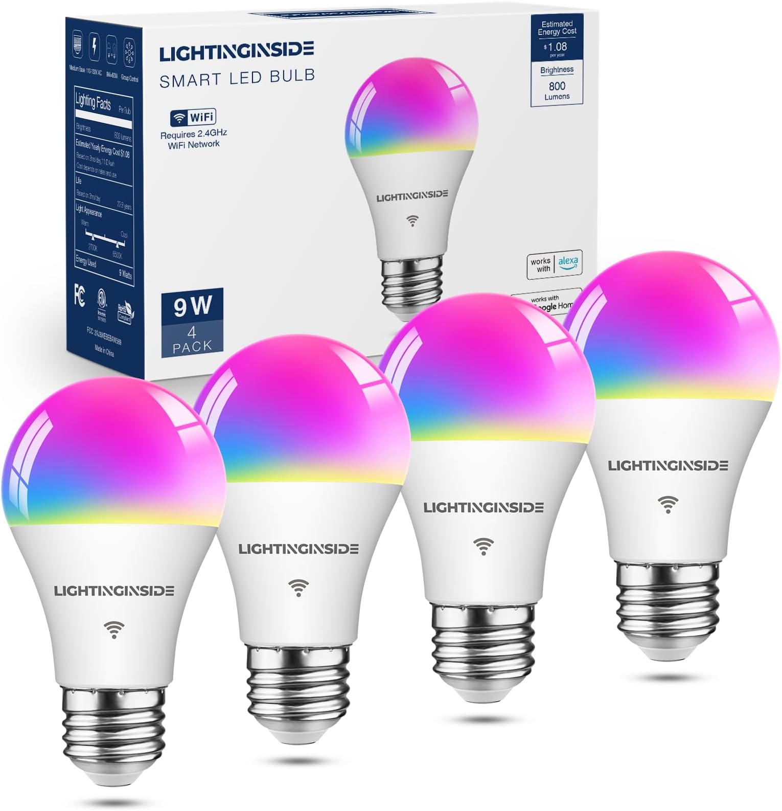 Lightinginside Smart Light Bulbs 60W Equivalent, WiFi Smart Bulb Compatible with Alexa/Google Assistant/Smart Life, A19 E26 RGBCW Color Changing, No Hub Required,2.4G WiFi, ETL Listed, 9W 800LM, 4PCS