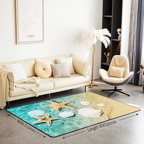 Miniatura 2 de Alfombra náutica costera de 5 x 7 pies, alfombra para sala de estar, dormitorio, estrella de mar, conchas marinas, decoración de caracolas, alfombra