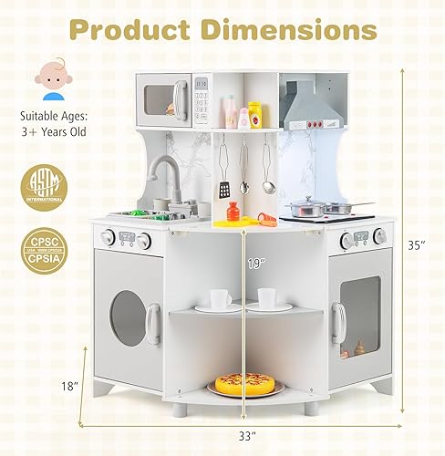 Miniatura 7 de Costzon Cocina de esquina para niños, juego de cocina de madera con circulación de agua, luces y sonidos reales, microondas, campana extractora,