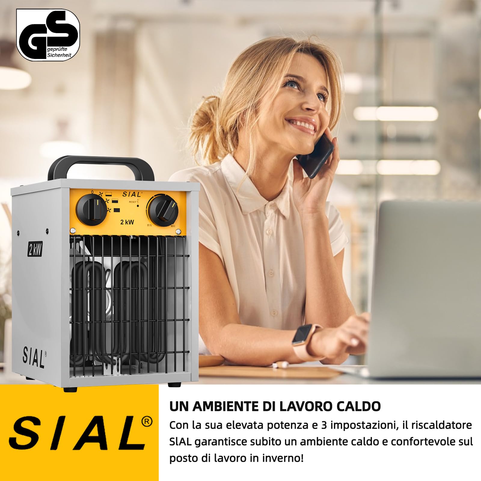 SIAL Industriale Riscaldamento 2000 W - Termoventilatore - Radiatore Elettrico - Adatto per Cantieri, Negozi, Garage, Scantinati(Argenteo)