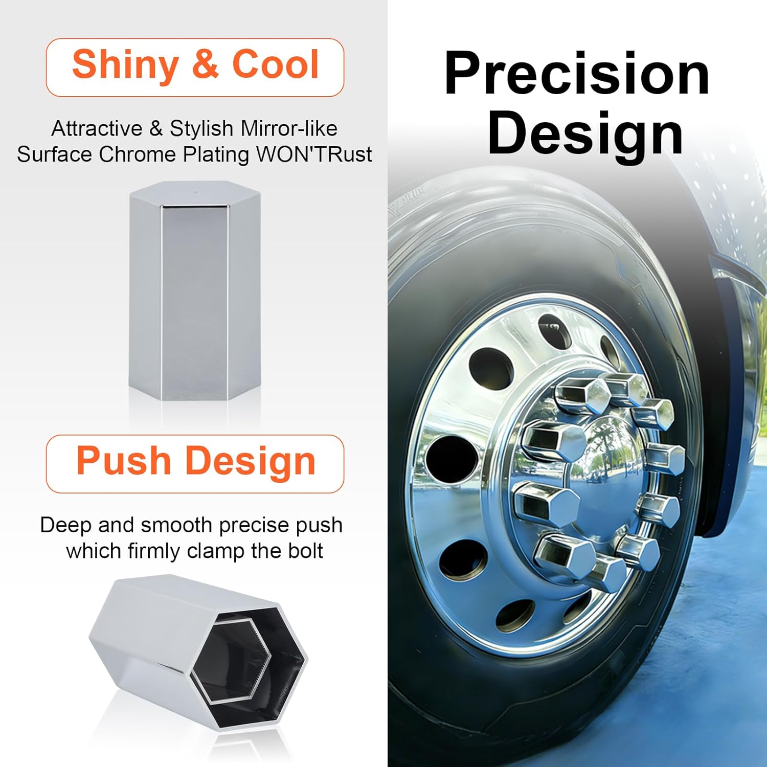 33mm x 3 1/2" Lug Nut Cover ABS Chrome Plastic Rhomboid Nut Cover, Push-On fit Hub Piloted Wheels, Complete Axle Cover Kits, Lug Nut Covers for Semi Trucks Trailers, 20 Pack